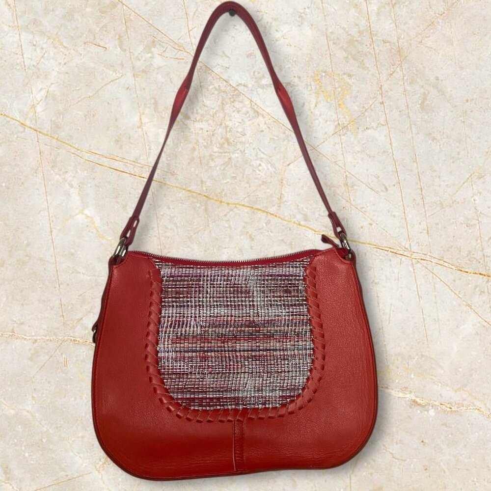 SAS Red Leather & Woven Accent Shoulder Bag Zipper Closure Boho‎ Indie Festival